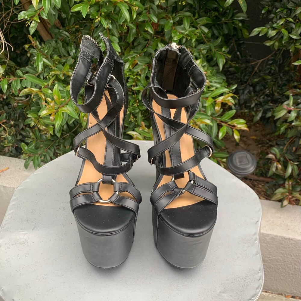 Current Mood Strappy Platform Black Pleather Heel… - image 5